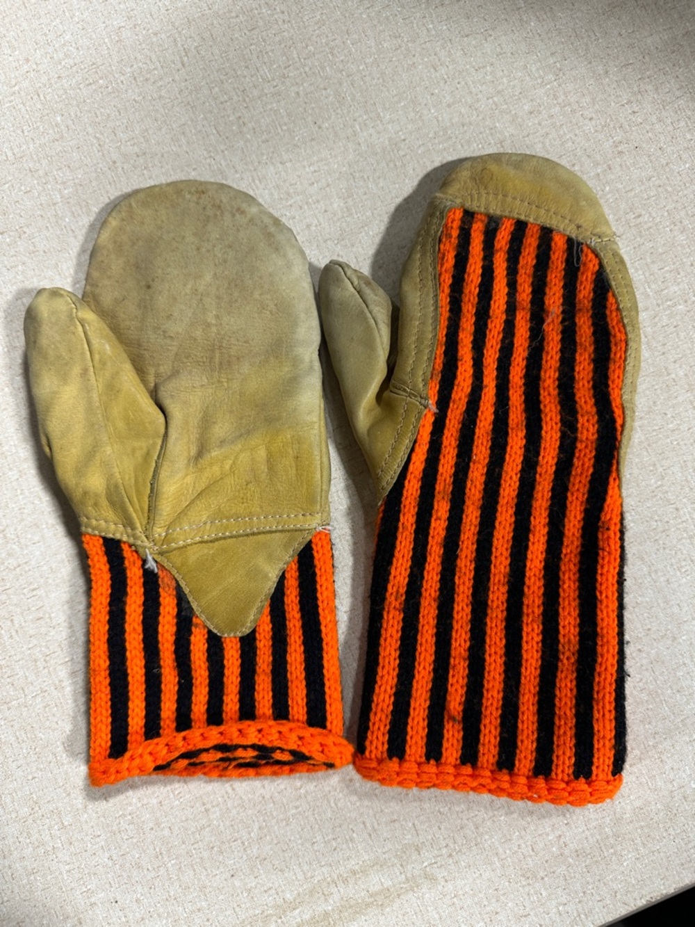 Vintage 1940’s Leather/wool Palm Mittens with Orange & Black Striped Knit Cuffs